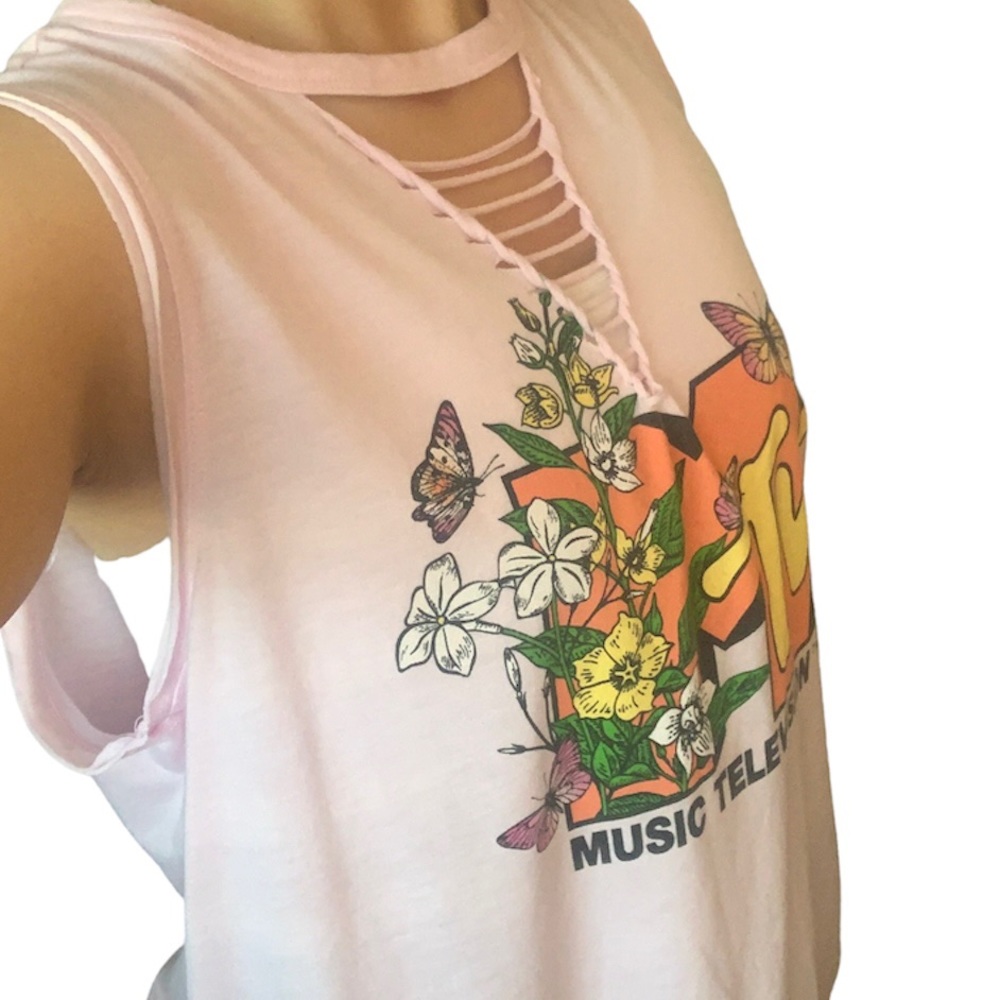 MTV Pink V-Neck Sleeveless Tank Top Graphic Floral Tank